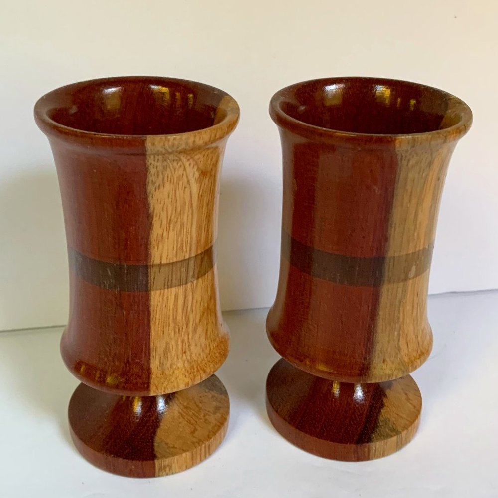 2 Turned Wood Cordial Glasses Handcrafted Pedestal Rustic Barware Bar Cart